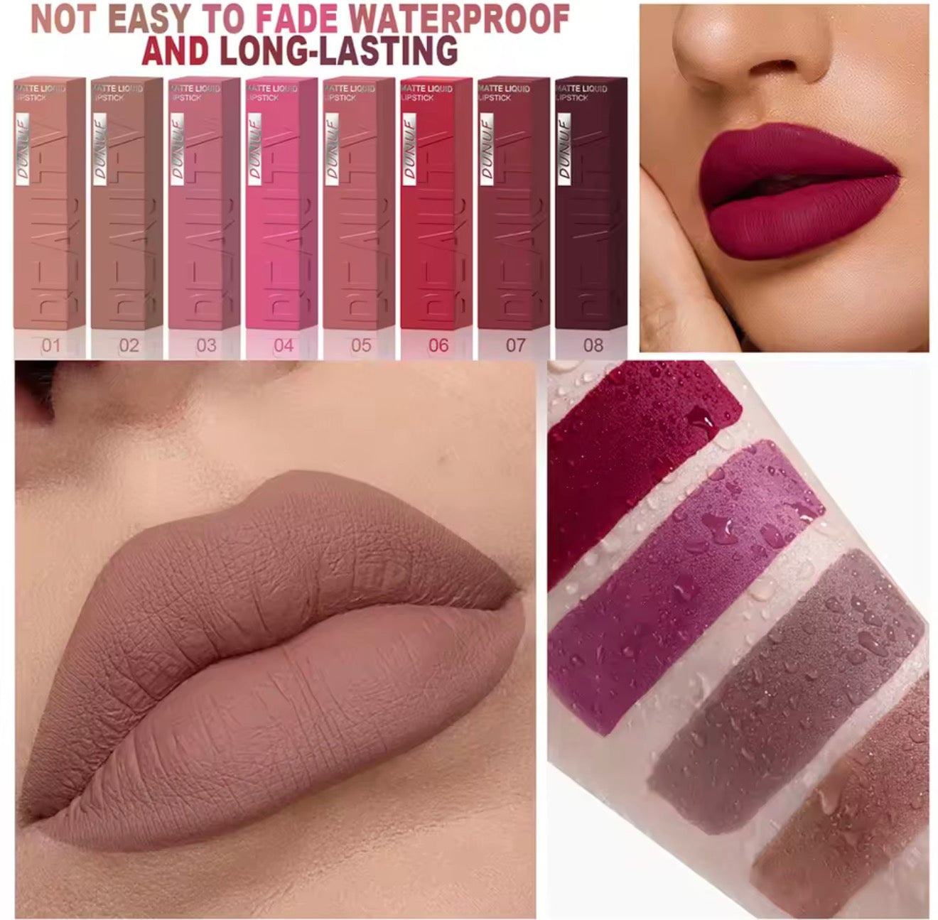 DUNUF Matte Velvet Liquid Lipstick – Waterproof & Long Lasting (8 Shades)