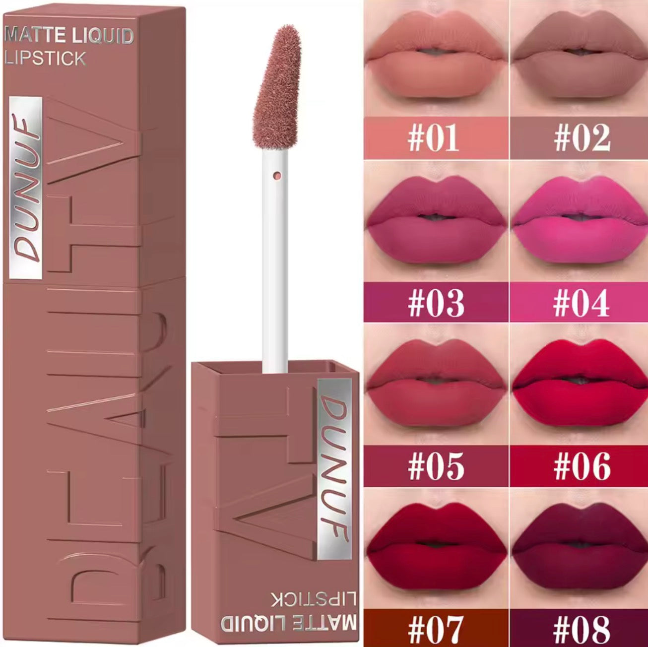 DUNUF Matte Velvet Liquid Lipstick – Waterproof & Long Lasting (8 Shades)